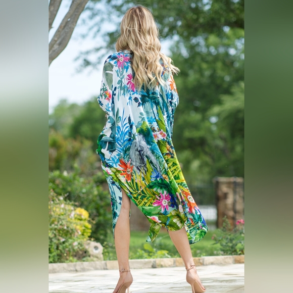 Tropical Rainforest Kimono w/ Vibrant Flowers & Elephant - Lightweight & Breezy - Picture 3 of 8